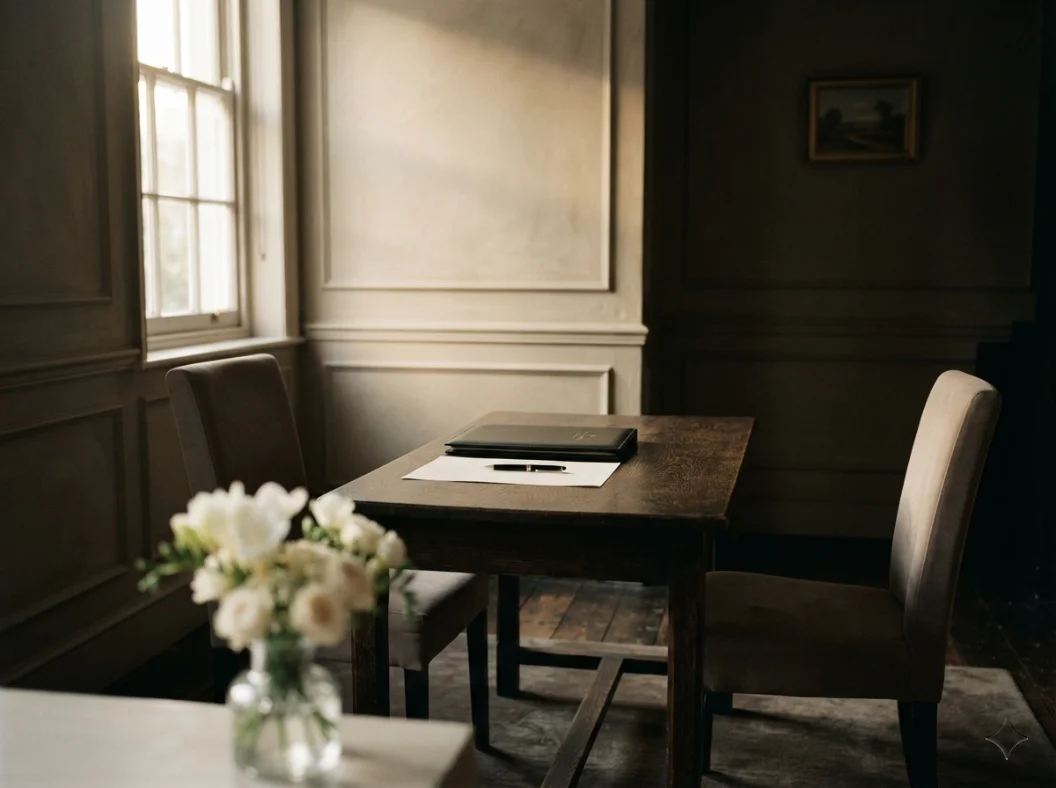 A quiet arrangement room with a table, chairs and fresh flowers