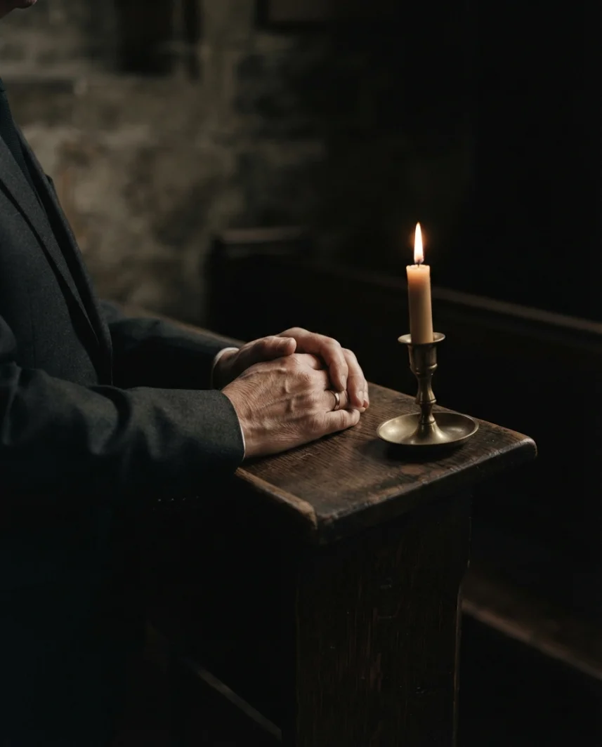 A man sitting quietly beside a lit candle in a chapel
