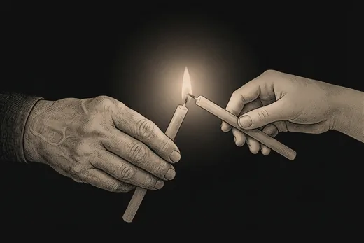 Etched illustration of two hands, one older and one younger, lighting a candle from another candle.