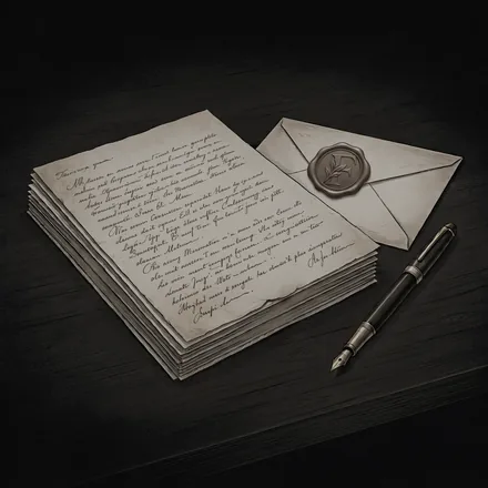Etched illustration of documents, a wax-sealed envelope and a fountain pen on a desk.