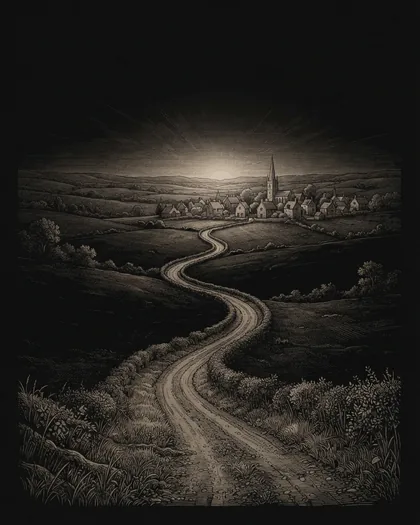 Etched illustration of a narrow road winding through hills toward a distant village at first light.